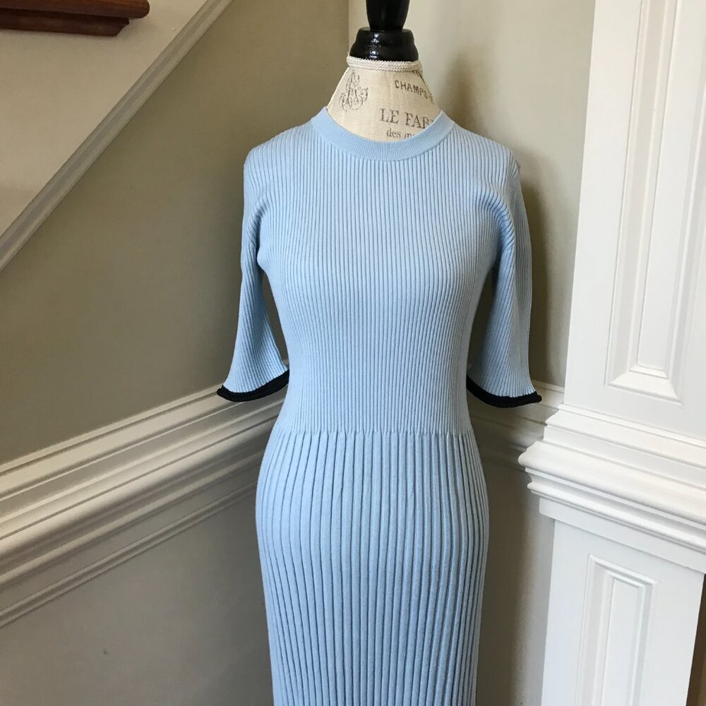 NWOT Proenza Schouler Rib Knit Midi Dress Womens Large Blue Black Crew Neck Silk - Picture 5 of 14